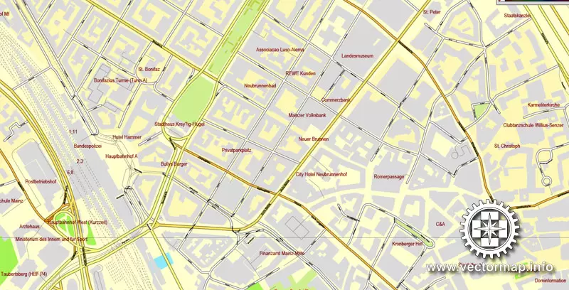 Vector Map Mainz / Wiesbaden, Germany, printable vector street map, City Plan V.2, full editable, Adobe Illustrator, Royalty free, full vector, scalable, editable, text format street names, 13,3 mb ZIP