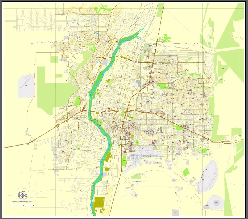Vector Map Albuquerque, New Mexico, US, exact map: Printable City Plan Map, Adobe Illustrator, full vector, scalable, editable, separated text layer street names, 10 mb ZIP