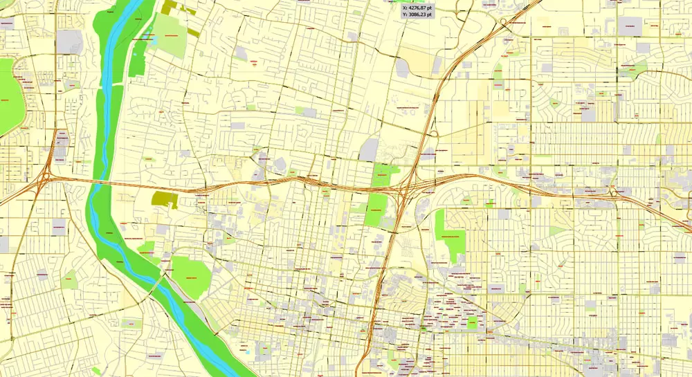 Vector Map Albuquerque, New Mexico, US, exact map: Printable City Plan Map, Adobe Illustrator, full vector, scalable, editable, separated text layer street names, 10 mb ZIP