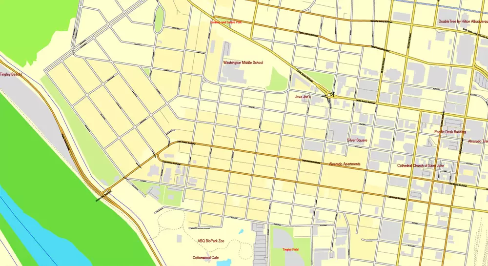 Vector Map Albuquerque, New Mexico, US, exact map: Printable City Plan Map, Adobe Illustrator, full vector, scalable, editable, separated text layer street names, 10 mb ZIP