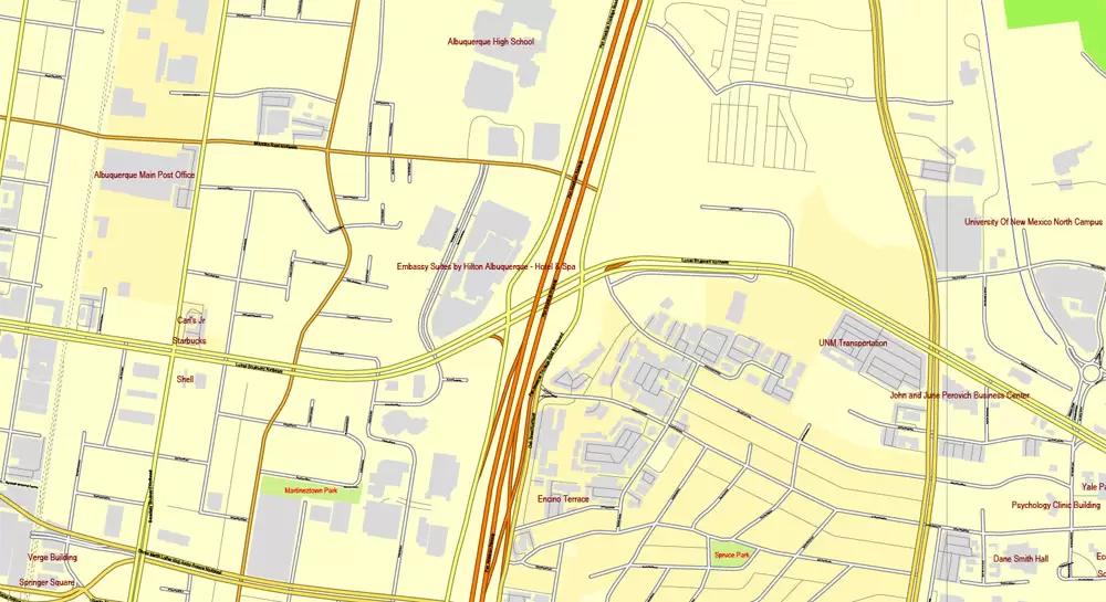 Vector Map Albuquerque, New Mexico, US, exact map: Printable City Plan Map, Adobe Illustrator, full vector, scalable, editable, separated text layer street names, 10 mb ZIP