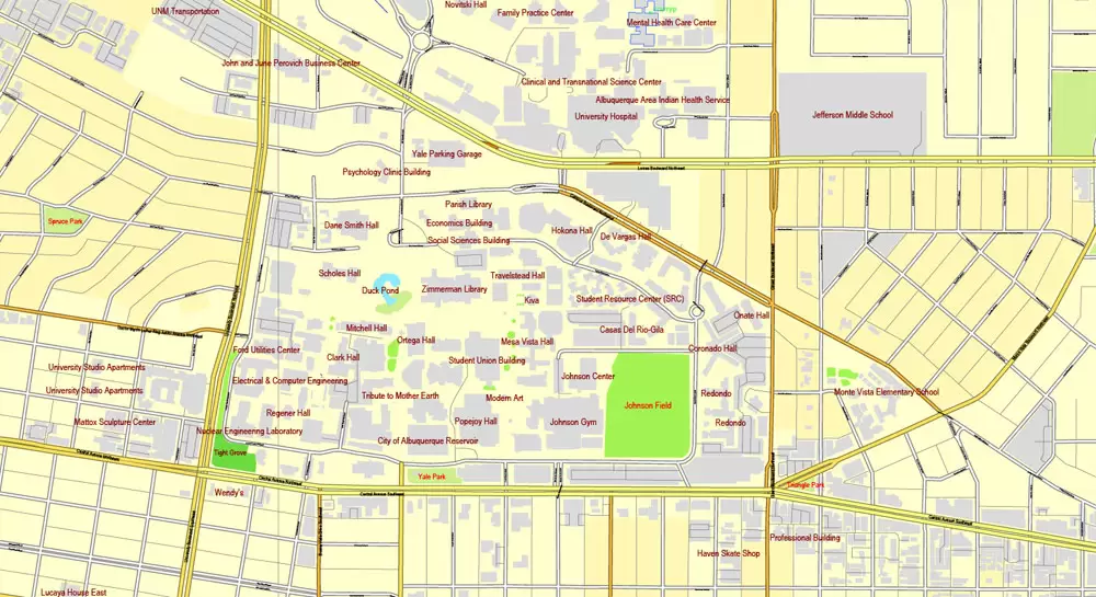 Vector Map Albuquerque, New Mexico, US, exact map: Printable City Plan Map, Adobe Illustrator, full vector, scalable, editable, separated text layer street names, 10 mb ZIP