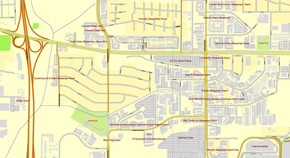 Vector Map Albuquerque, New Mexico, US, exact map: Printable City Plan Map, Adobe Illustrator, full vector, scalable, editable, separated text layer street names, 10 mb ZIP