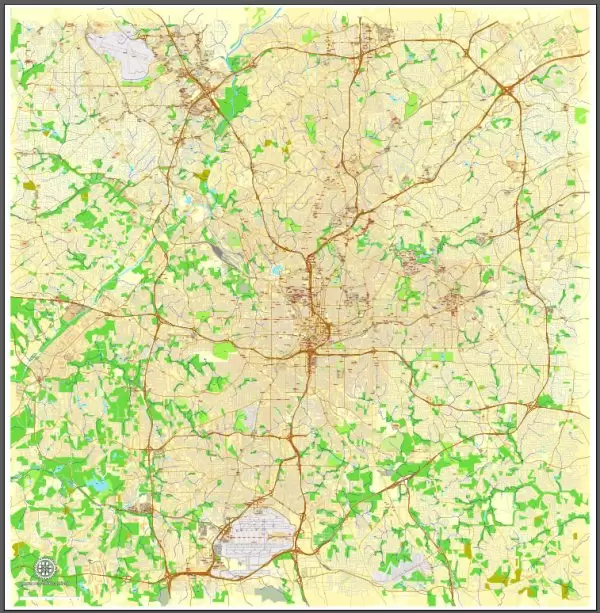 Vector Map Atlanta, Georgia, US, vector map Adobe Illustrator editable City Plan V3-2016.07, full vector, scalable, editable, text format street names, 32 mb ZIP