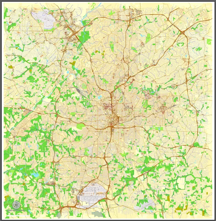Vector Map Atlanta, Georgia, US, vector map Adobe Illustrator editable City Plan V3-2016.07, full vector, scalable, editable, text format street names, 32 mb ZIP