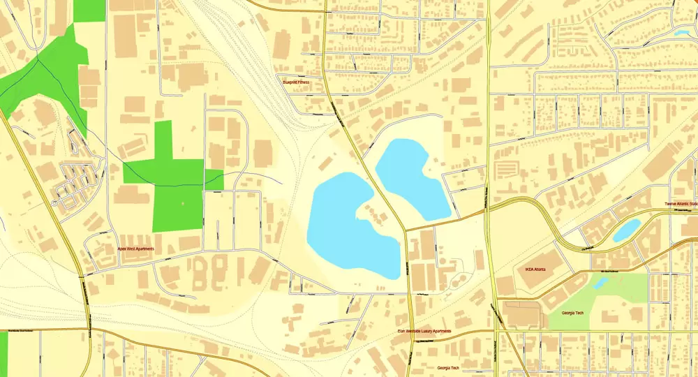 Vector Map Atlanta, Georgia, US, vector map Adobe Illustrator editable City Plan V3-2016.07, full vector, scalable, editable, text format street names, 32 mb ZIP