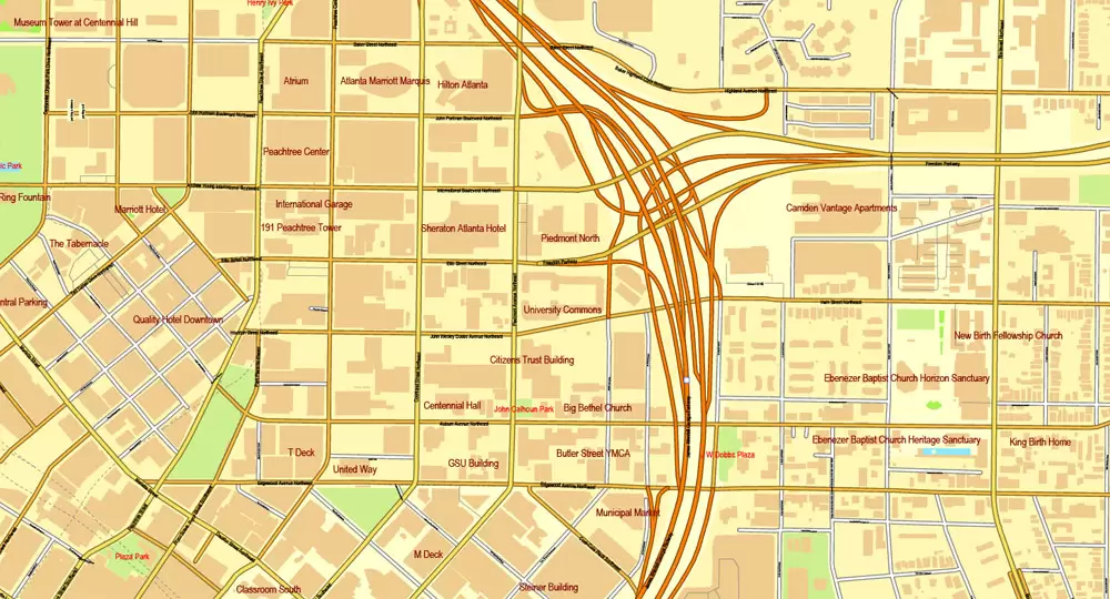Vector Map Atlanta, Georgia, US, vector map Adobe Illustrator editable City Plan V3-2016.07, full vector, scalable, editable, text format street names, 32 mb ZIP