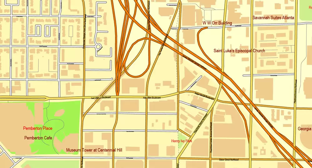 Vector Map Atlanta, Georgia, US, vector map Adobe Illustrator editable City Plan V3-2016.07, full vector, scalable, editable, text format street names, 32 mb ZIP