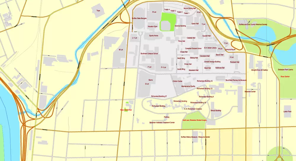 Vector Map Buffalo, New York, US, printable vector street City Plan map full editable, Adobe Illustrator, full vector, scalable, editable, text format street names, 6 mb ZIP