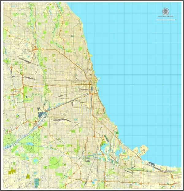 Chicago, Illinois, US, vector map Adobe Illustrator editable City Plan V3, full vector, scalable, editable