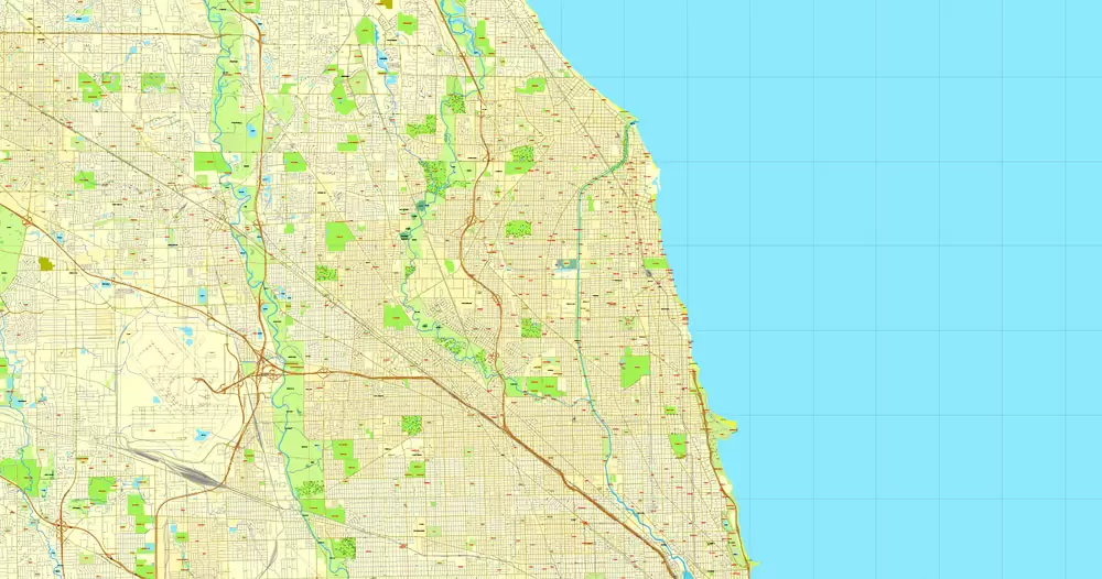 Vector Map Chicago, Illinois, US, vector map Adobe Illustrator editable City Plan V3-2016.08, full vector, scalable, editable, text format street names, 29 mb ZIP