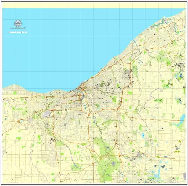 Vector Map Cleveland, Ohio, US, printable vector map street City Plan V.3.08.2016 full editable, Adobe Illustrator, full vector, scalable, editable text format street names, 16 mb ZIP