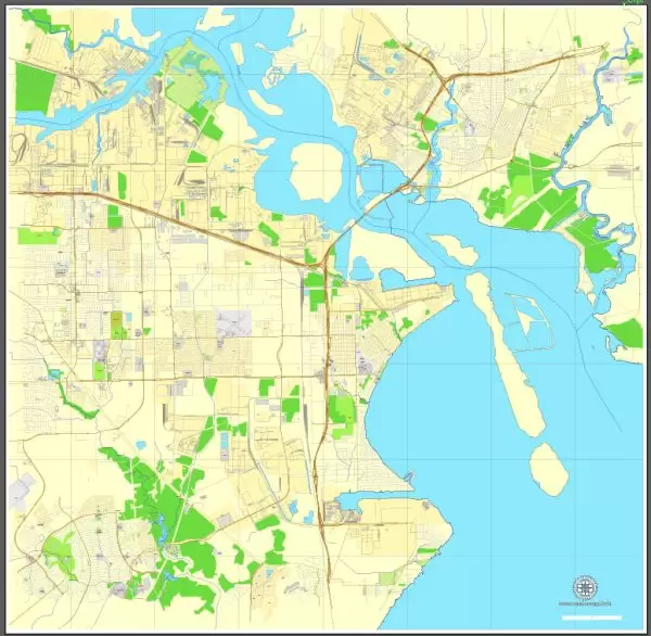 La Porte + Baytown, Texas, US, printable vector street City Plan map full editable, Adobe Illustrator, full vector