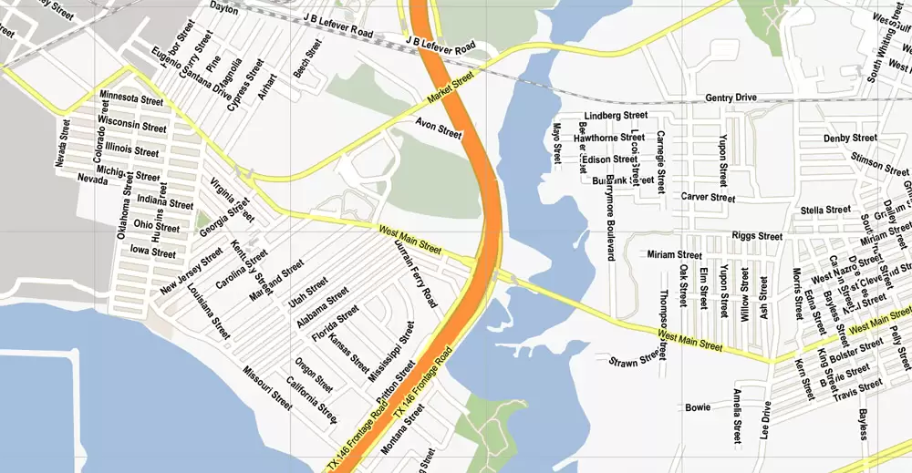 Vector Map La Porte + Baytown, Texas, US, printable vector street G-View map level 15, full editable, Adobe Illustrator, full vector, scalable, editable, text format street names, 5 mb ZIP