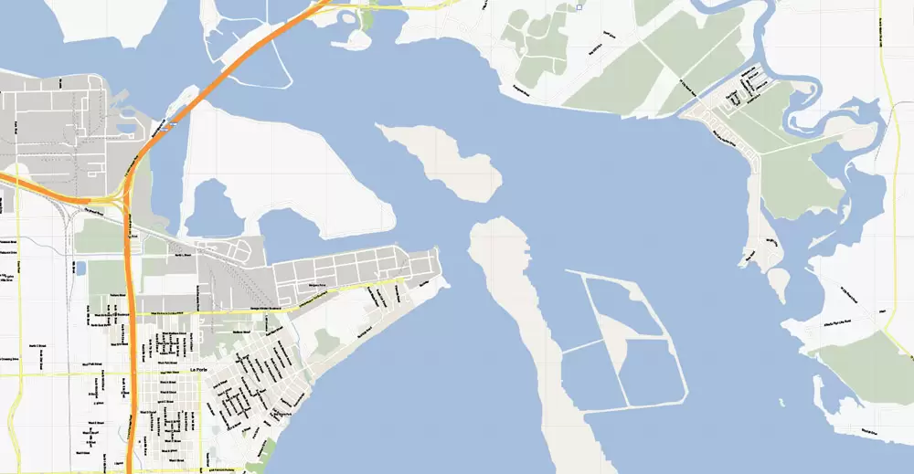 Vector Map La Porte + Baytown, Texas, US, printable vector street G-View map level 15, full editable, Adobe Illustrator, full vector, scalable, editable, text format street names, 5 mb ZIP