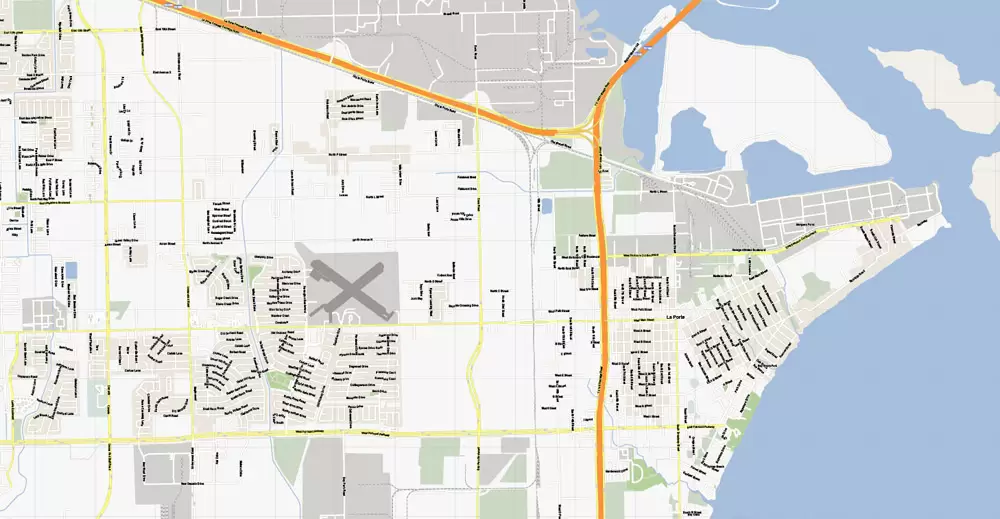 Vector Map La Porte + Baytown, Texas, US, printable vector street G-View map level 15, full editable, Adobe Illustrator, full vector, scalable, editable, text format street names, 5 mb ZIP