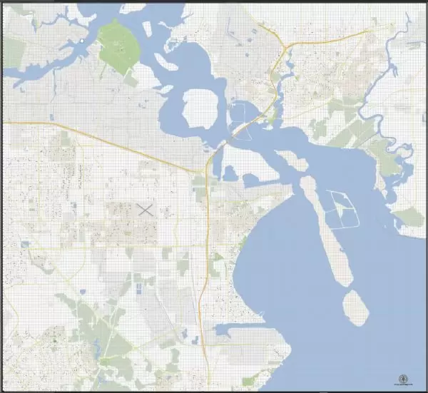 Vector Map La Porte + Baytown, Texas, US, printable vector street G-View map level 17, full editable, Adobe Illustrator, full vector, scalable, editable, text format street names, 5 mb ZIP