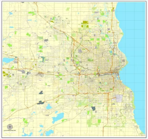 Vector Map Milwaukee, Wisconsin, US, vector map Adobe Illustrator editable City Plan V3-2016.08, full vector, scalable, printable, text format street names, 12 mb ZIP