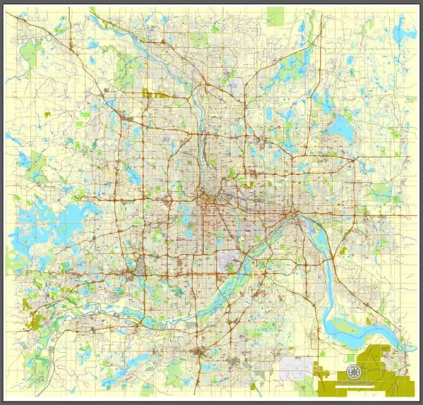 Vector Map Minneapolis + St. Paul, Minnesota, US, printable vector street City Plan map full editable, Adobe Illustrator, full vector, scalable, editable, text format street names, 41 mb ZIP