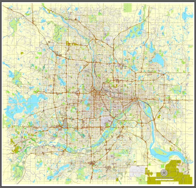 Vector Map Minneapolis + St. Paul, Minnesota, US, printable vector street City Plan map full editable, Adobe Illustrator, full vector, scalable, editable, text format street names, 41 mb ZIP
