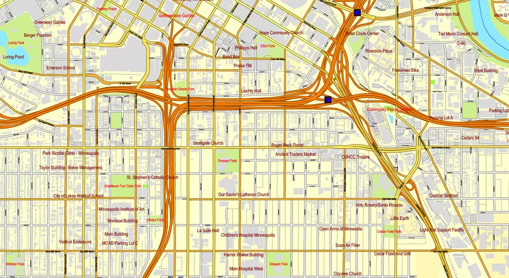 Vector Map Minneapolis + St. Paul, Minnesota, US, printable vector street City Plan map full editable, Adobe Illustrator, full vector, scalable, editable, text format street names, 41 mb ZIP