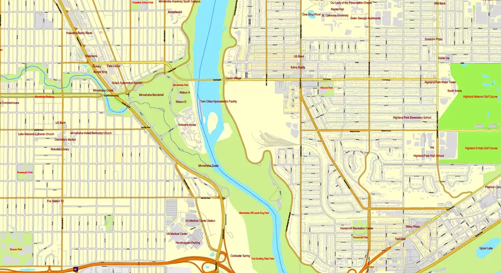 Vector Map Minneapolis + St. Paul, Minnesota, US, printable vector street City Plan map full editable, Adobe Illustrator, full vector, scalable, editable, text format street names, 41 mb ZIP