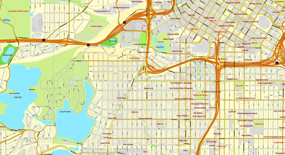 Vector Map Minneapolis + St. Paul, Minnesota, US, printable vector street City Plan map full editable, Adobe Illustrator, full vector, scalable, editable, text format street names, 41 mb ZIP