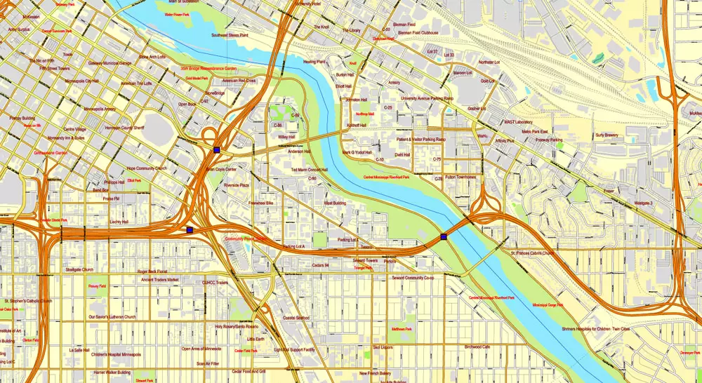 Vector Map Minneapolis + St. Paul, Minnesota, US, printable vector street City Plan map full editable, Adobe Illustrator, full vector, scalable, editable, text format street names, 41 mb ZIP