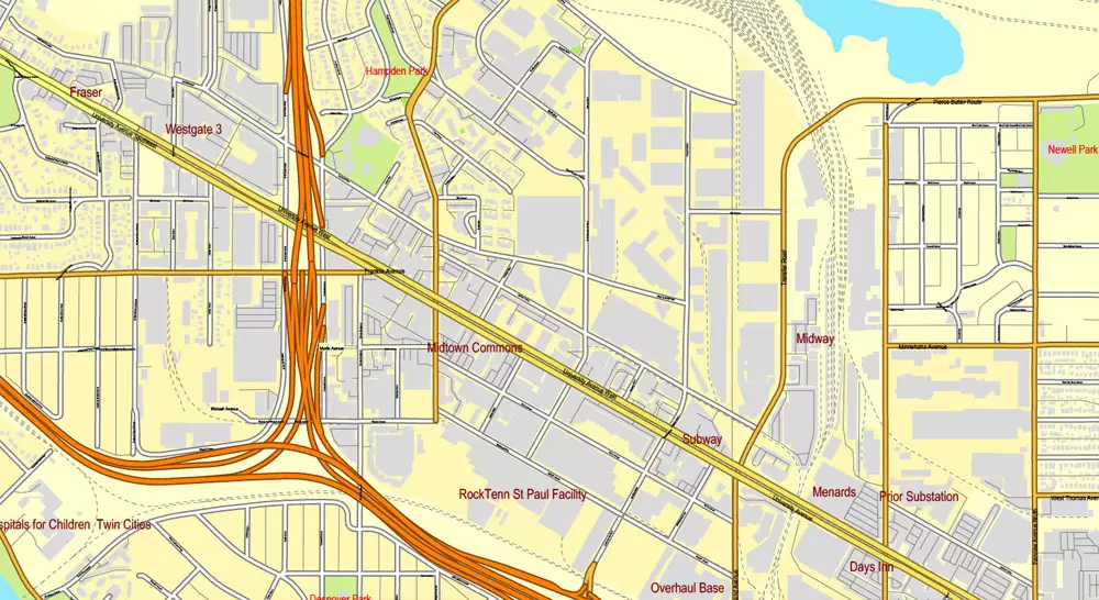 Vector Map Minneapolis + St. Paul, Minnesota, US, printable vector street City Plan map full editable, Adobe Illustrator, full vector, scalable, editable, text format street names, 41 mb ZIP
