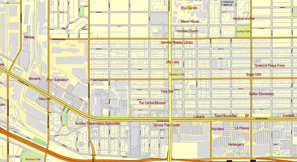 Vector Map Minneapolis + St. Paul, Minnesota, US, printable vector street City Plan map full editable, Adobe Illustrator, full vector, scalable, editable, text format street names, 41 mb ZIP