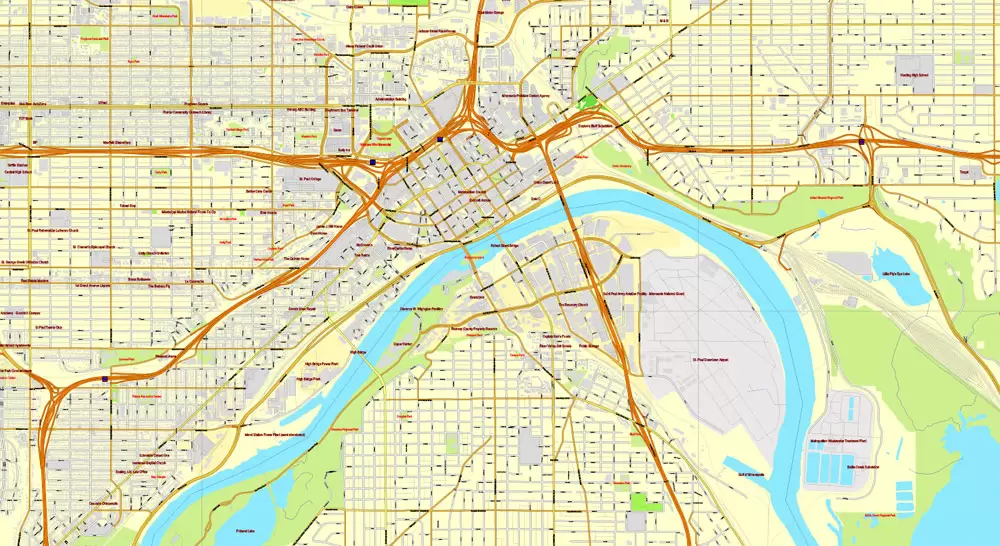 Vector Map Minneapolis + St. Paul, Minnesota, US, printable vector street City Plan map full editable, Adobe Illustrator, full vector, scalable, editable, text format street names, 41 mb ZIP