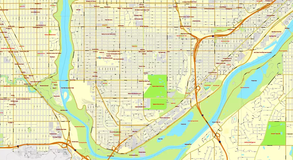Vector Map Minneapolis + St. Paul, Minnesota, US, printable vector street City Plan map full editable, Adobe Illustrator, full vector, scalable, editable, text format street names, 41 mb ZIP