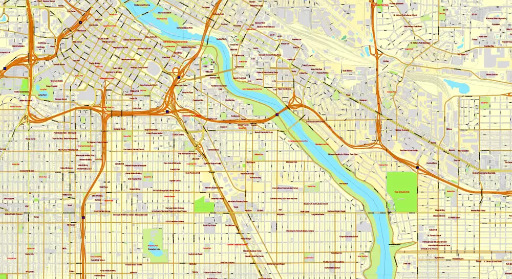 Vector Map Minneapolis + St. Paul, Minnesota, US, printable vector street City Plan map full editable, Adobe Illustrator, full vector, scalable, editable, text format street names, 41 mb ZIP