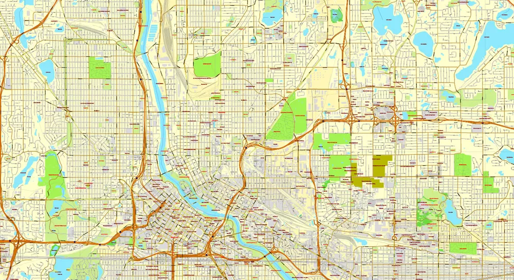 Vector Map Minneapolis + St. Paul, Minnesota, US, printable vector street City Plan map full editable, Adobe Illustrator, full vector, scalable, editable, text format street names, 41 mb ZIP