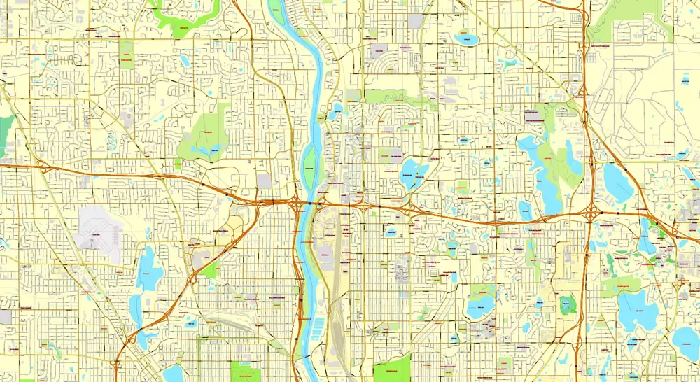 Vector Map Minneapolis + St. Paul, Minnesota, US, printable vector street City Plan map full editable, Adobe Illustrator, full vector, scalable, editable, text format street names, 41 mb ZIP