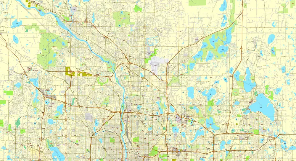 Vector Map Minneapolis + St. Paul, Minnesota, US, printable vector street City Plan map full editable, Adobe Illustrator, full vector, scalable, editable, text format street names, 41 mb ZIP