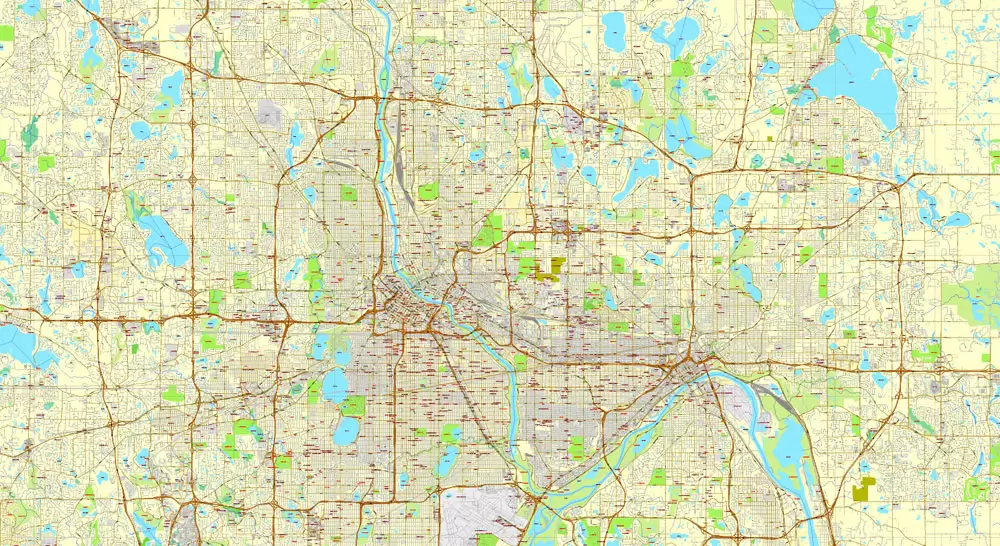 Vector Map Minneapolis + St. Paul, Minnesota, US, printable vector street City Plan map full editable, Adobe Illustrator, full vector, scalable, editable, text format street names, 41 mb ZIP
