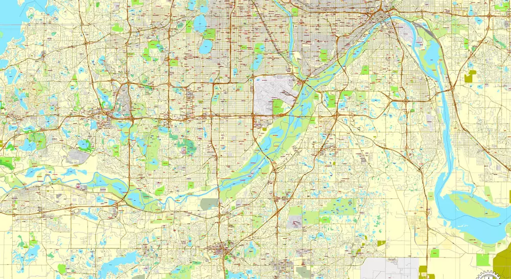 Vector Map Minneapolis + St. Paul, Minnesota, US, printable vector street City Plan map full editable, Adobe Illustrator, full vector, scalable, editable, text format street names, 41 mb ZIP