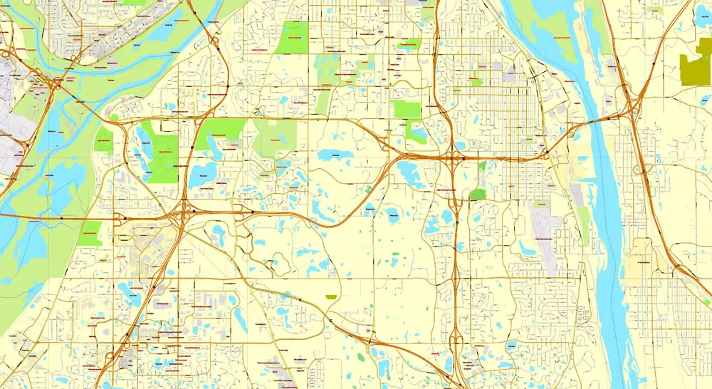 Vector Map Minneapolis + St. Paul, Minnesota, US, printable vector street City Plan map full editable, Adobe Illustrator, full vector, scalable, editable, text format street names, 41 mb ZIP