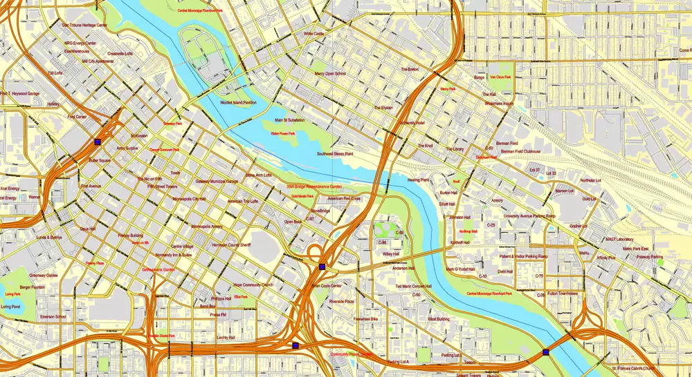 Vector Map Minneapolis + St. Paul, Minnesota, US, printable vector street City Plan map full editable, Adobe Illustrator, full vector, scalable, editable, text format street names, 41 mb ZIP