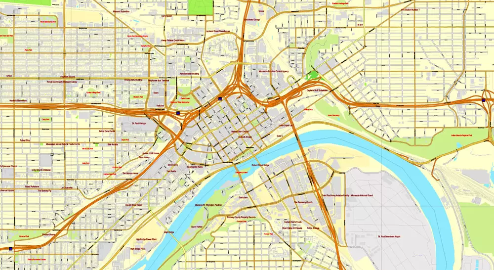 Vector Map Minneapolis + St. Paul, Minnesota, US, printable vector street City Plan map full editable, Adobe Illustrator, full vector, scalable, editable, text format street names, 41 mb ZIP