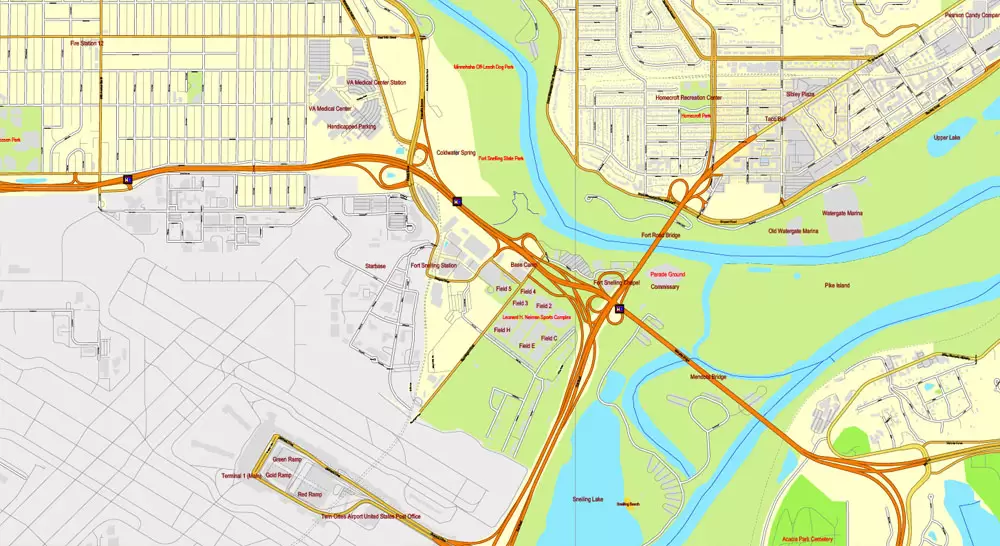 Vector Map Minneapolis + St. Paul, Minnesota, US, printable vector street City Plan map full editable, Adobe Illustrator, full vector, scalable, editable, text format street names, 41 mb ZIP