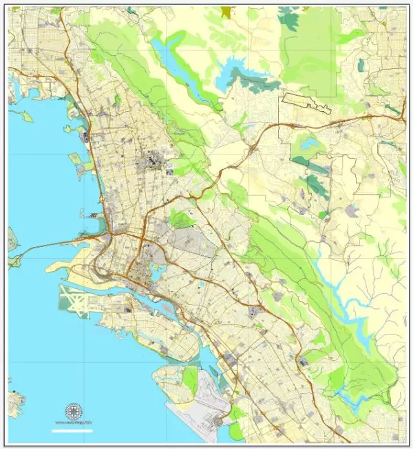 Vector Map Oakland + Berkeley, California, US, vector map Adobe Illustrator editable City Plan V5-2016.08, full vector, scalable, printable, text format street names, 10 mb ZIP