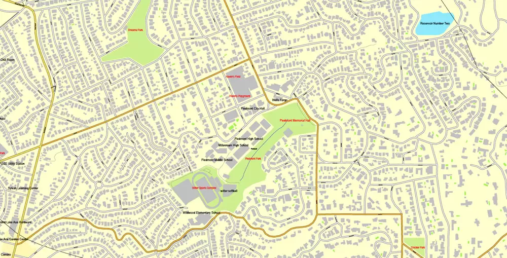Vector Map Oakland + Berkeley, California, US, vector map Adobe Illustrator editable City Plan V5-2016.08, full vector, scalable, printable, text format street names, 10 mb ZIP