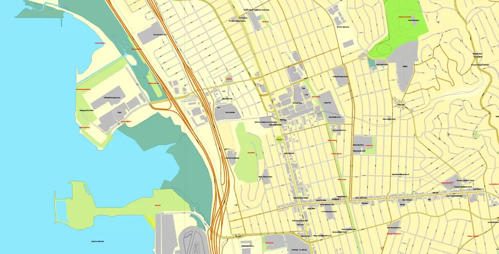 Vector Map Oakland + Berkeley, California, US, vector map Adobe Illustrator editable City Plan V5-2016.08, full vector, scalable, printable, text format street names, 10 mb ZIP