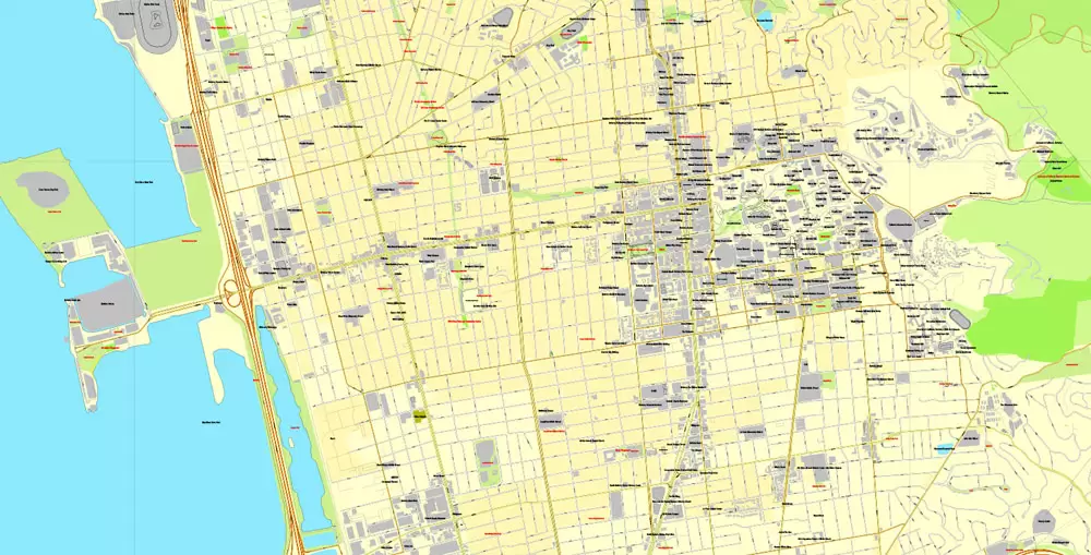 Vector Map Oakland + Berkeley, California, US, vector map Adobe Illustrator editable City Plan V5-2016.08, full vector, scalable, printable, text format street names, 10 mb ZIP