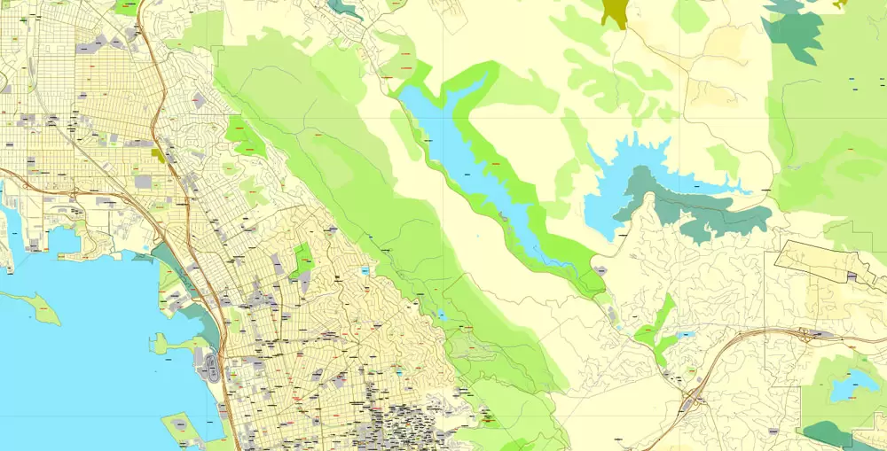 Vector Map Oakland + Berkeley, California, US, vector map Adobe Illustrator editable City Plan V5-2016.08, full vector, scalable, printable, text format street names, 10 mb ZIP