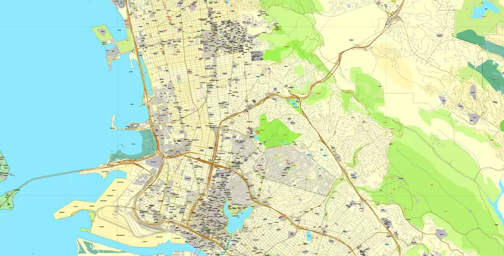 Vector Map Oakland + Berkeley, California, US, vector map Adobe Illustrator editable City Plan V5-2016.08, full vector, scalable, printable, text format street names, 10 mb ZIP
