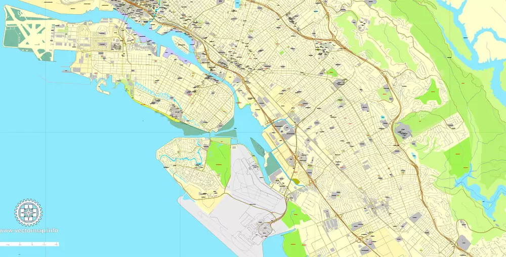 Alameda + Oakland + Berkeley, California, US, vector map Adobe PDF editable City Plan V5-2016.08, full vector, scalable, printable