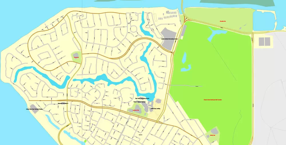 Vector Map Oakland + Berkeley, California, US, vector map Adobe Illustrator editable City Plan V5-2016.08, full vector, scalable, printable, text format street names, 10 mb ZIP